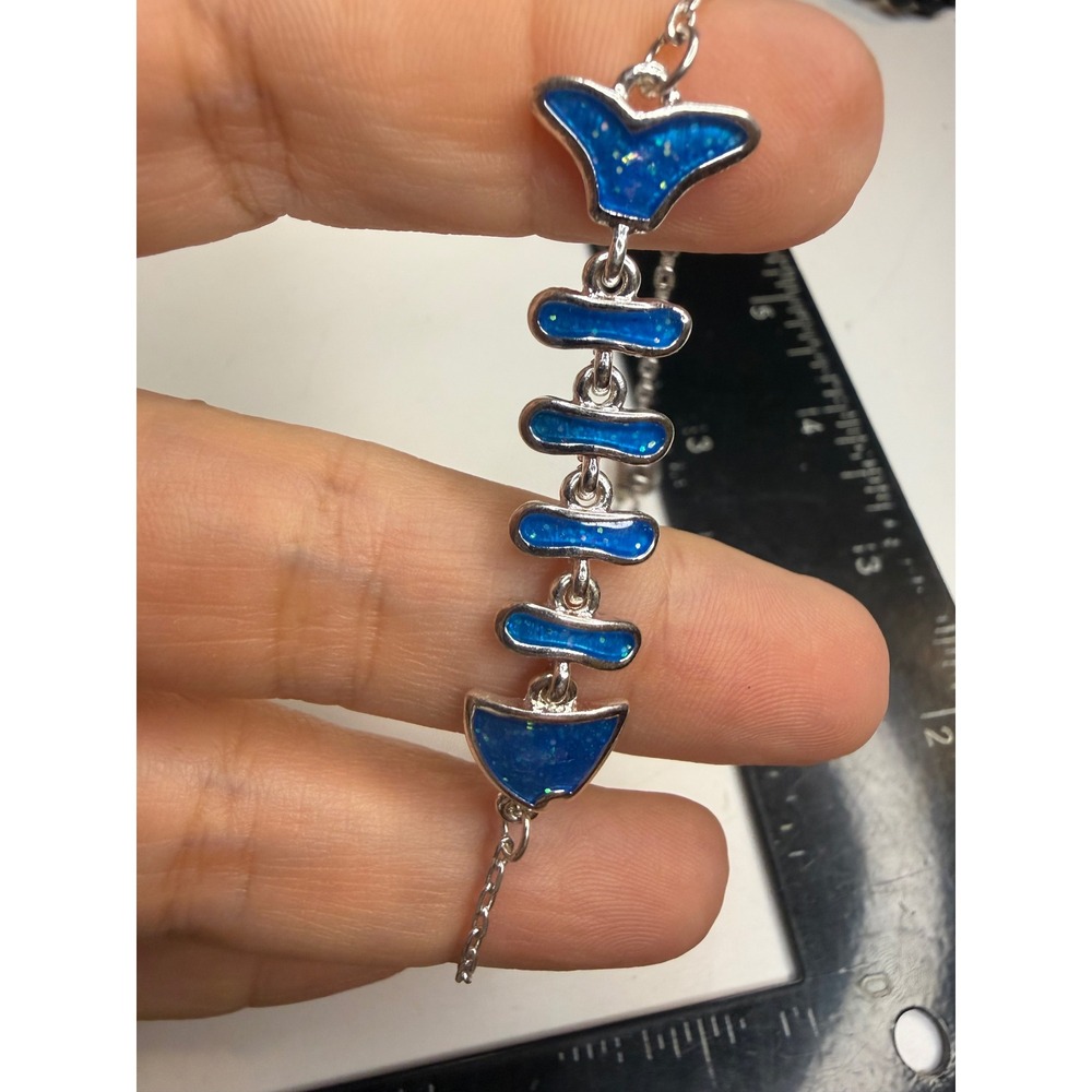 Blue Opal Fish Bone Skeleton Bracelet Adjustable Bolo Slider Chain Nautical
